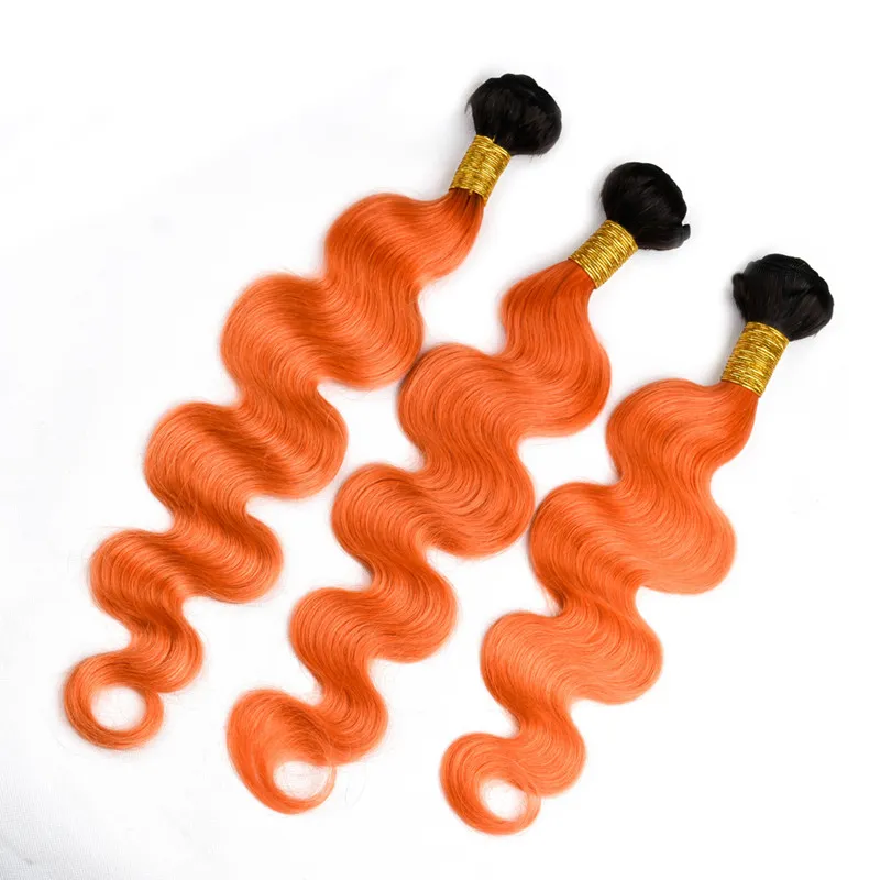 Ombre Colore 1B Arancione Radici scure 3 pacchi Trama del tessuto brasiliano dei capelli dell'onda del corpo 300G 1B Estensioni dei capelli umani arancioni Due toni