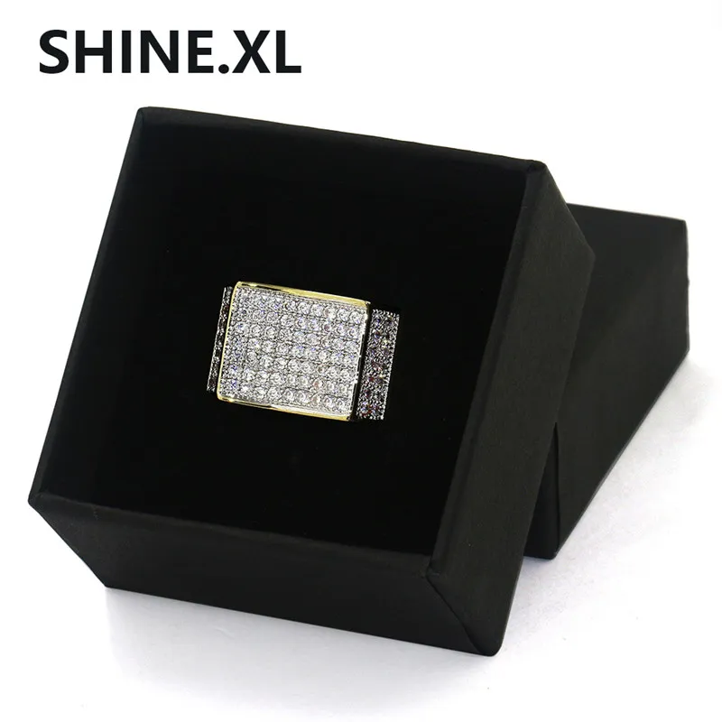 Hip Hop Rock Micro Pave CZ Stone Iced Out Bling Square Ring Copper Gold Rings for Men Jewelry Gift Ideas239g