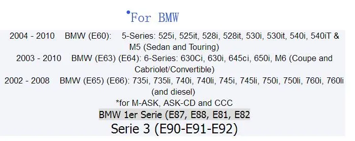 Bilinmatning AUX-kabel för BMW E60 E63 E64 E65 E66 E81 E82 E87 E88 E70 E90