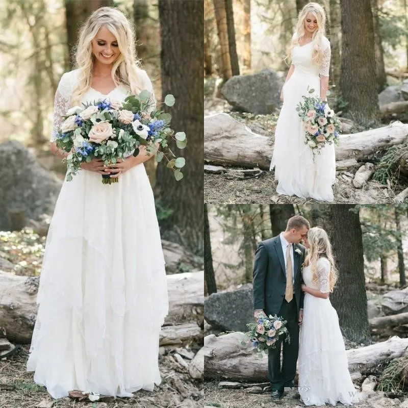 2017 Modest Country Wedding Dresses With Sleeves Lace Chiffon Floor