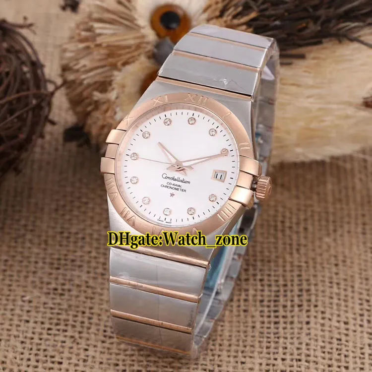 Goedkope Nieuwe 42mm Datum 123.20.38.21.52.001 Witte Diamond Dial Automatic Mens Watch Two Tone Rose Gold Band Gents Sport Horloges