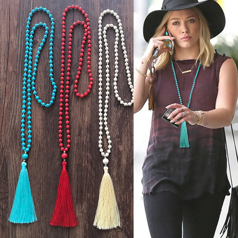 Nouveau collier Unique en pierre de Howlite naturelle tricoté Long gland collier perles bleues Mala glands collier femmes Yoga collier