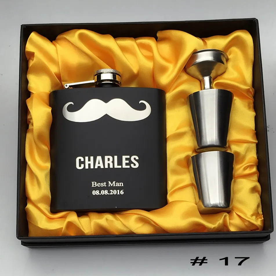 1 juego personalizado grabado 6 oz negro frasco de cadera de acero inoxidable, regalo de padrino de boda, regalo de dama de honor