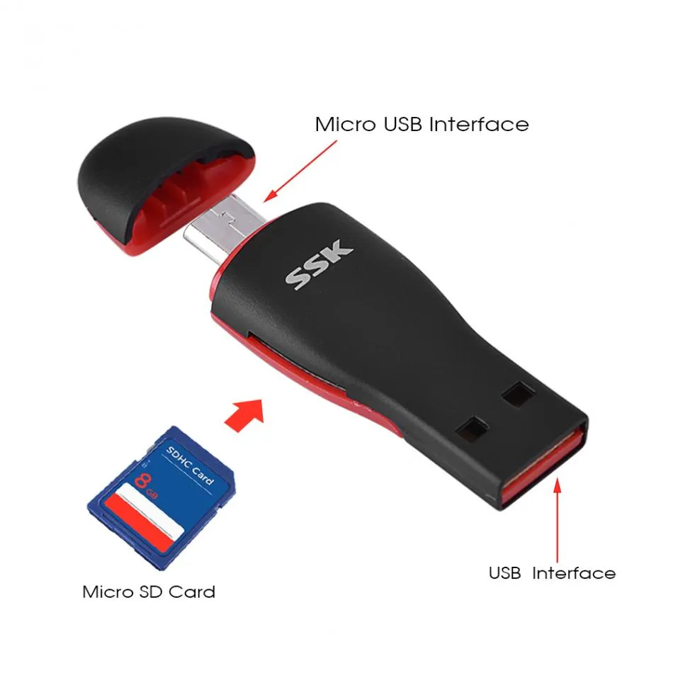SSK SCRS600 Multifunktionskortläsare Hög hastighet Behöver Support Android OTG USB 2.0+Micro USB TF/Micro SD -kortläsare med Lanyard