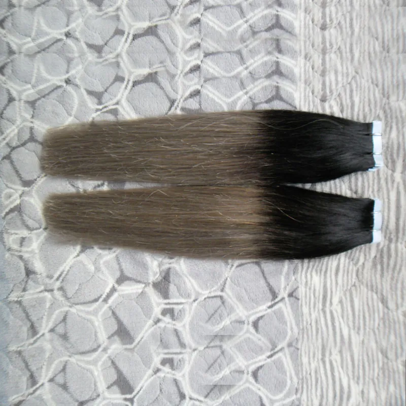 Remy Tape Hair Extensions Package Tape Adhesive Skin Weft Hair T1b Silver Grå 100 gram Grå Ombre Mänskligt Hår