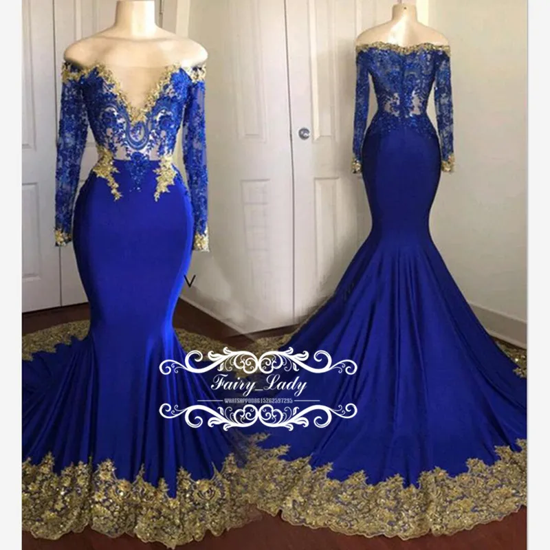 Designer Mermaid Long Sleeves Prom Dresses Sheer Lace Gold Appliques ...