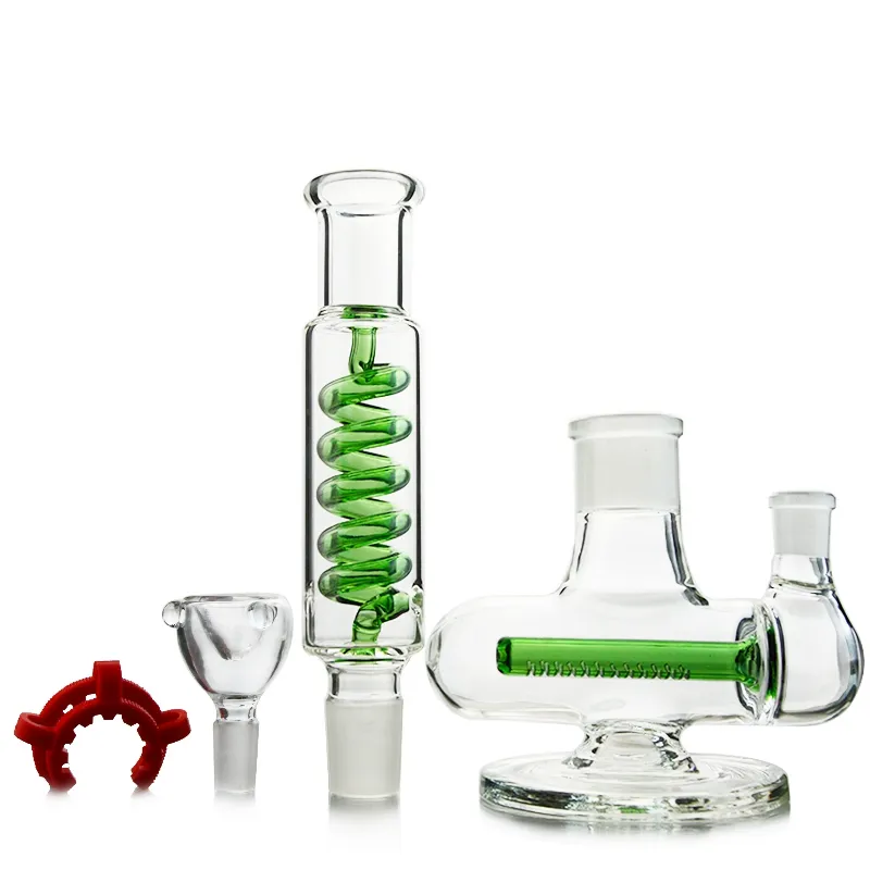 Grön blå rak rörbong med frysbar spole Inline Perc Bygg en bong Glasvattenrör Inverterad T Bubbler Dab Oil Rig ILL06-07