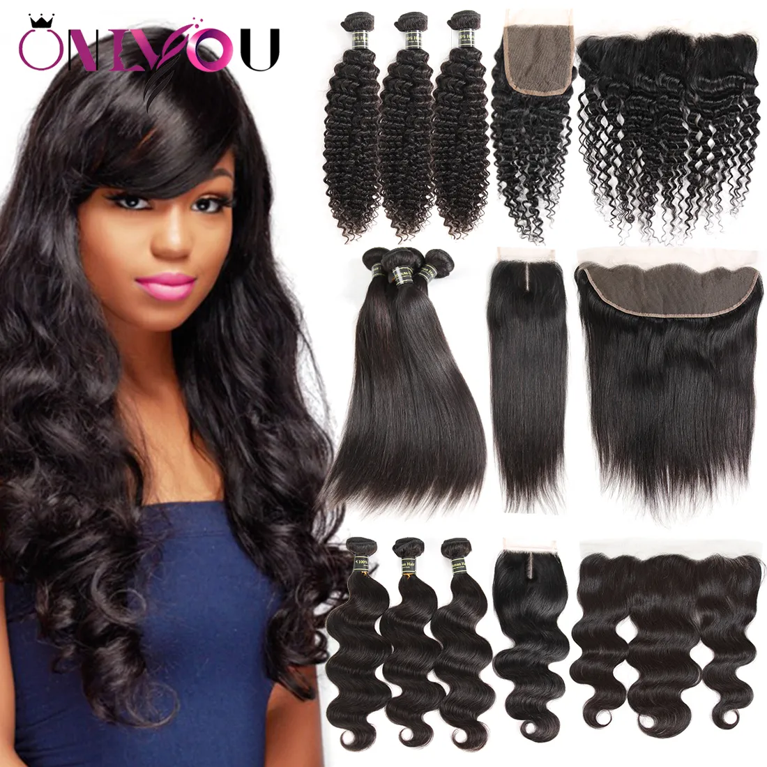 10a Grade Brazilian Virgin Hair Straight Bundles With Lace Closure Frontal Remy Human Weave Body Deep Water Wave Weft Front Pre Plucked For Black Women Kinky Curly