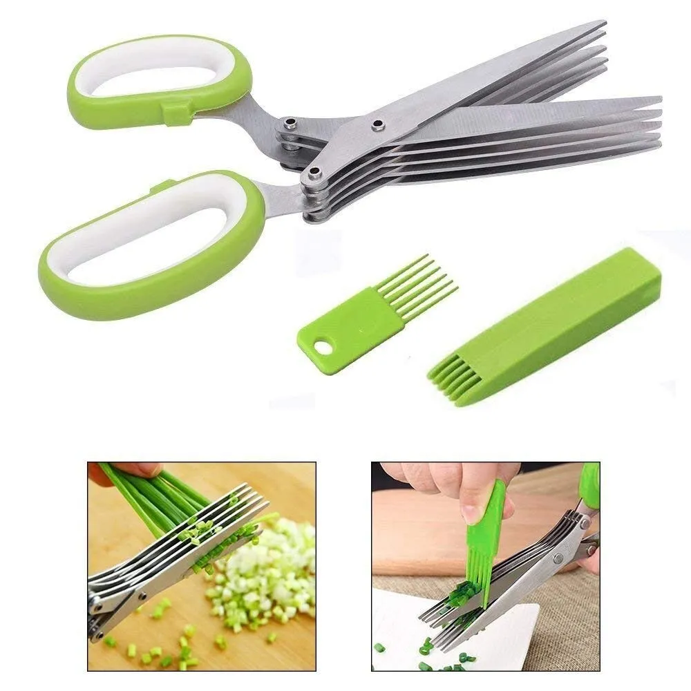 Cozinha Erva Scissors, Multipurpose Herb corte de aço inoxidável tesoura de cozinha Shears 5 Blades com escova de limpeza Tampa Comb