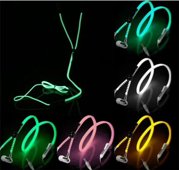 Luminous Glow Light Metal Zipper Earphone Glow In The Dark Zipper Earphone Wired Headphone Headset with retail box for iPhone Samsung LG