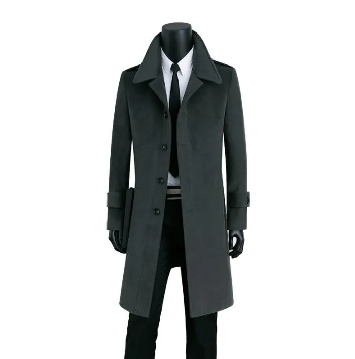 Long Woolen Coat Men Single breasted Trench Coats Overcoat Mens Cashmere Coat Casaco Masculino Inverno Erkek England Grey Black