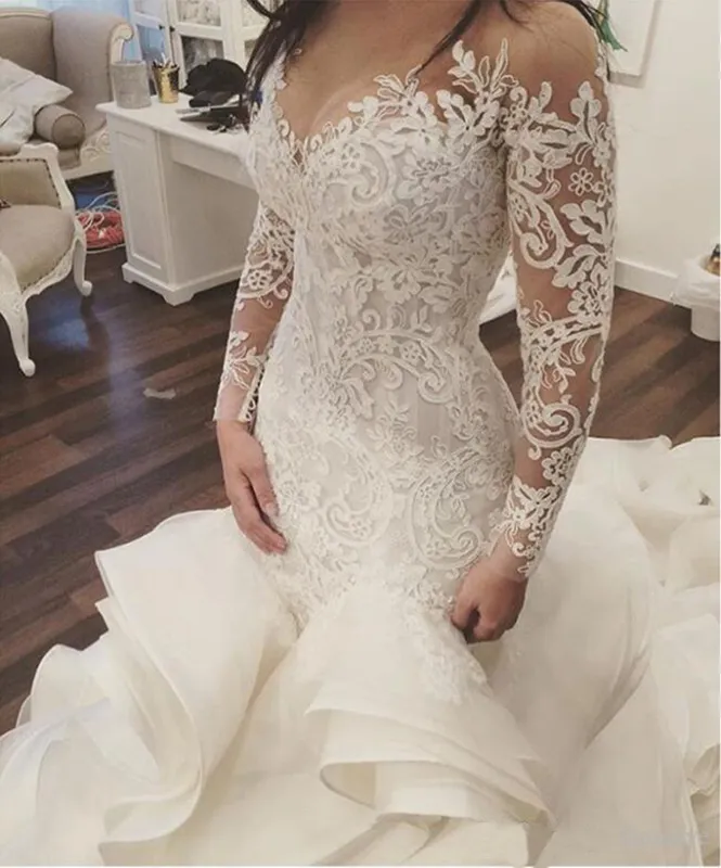 Sjöjungfru bröllopsklänningar plus storlek 2019 mode ny spets långärmad muslimska vestido de noiva romantiska applikationer Ruffles bröllopsklänningar