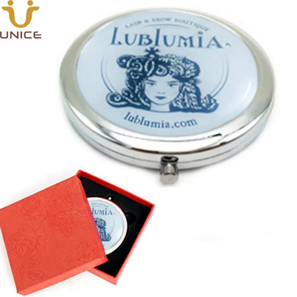 100Pcs/lot Custom Your LOGOs Round Compact Makeup Mirrors & Gift Box Silver Make up Compact Mirror Customized Logo 70*70mm Promotional Gifts