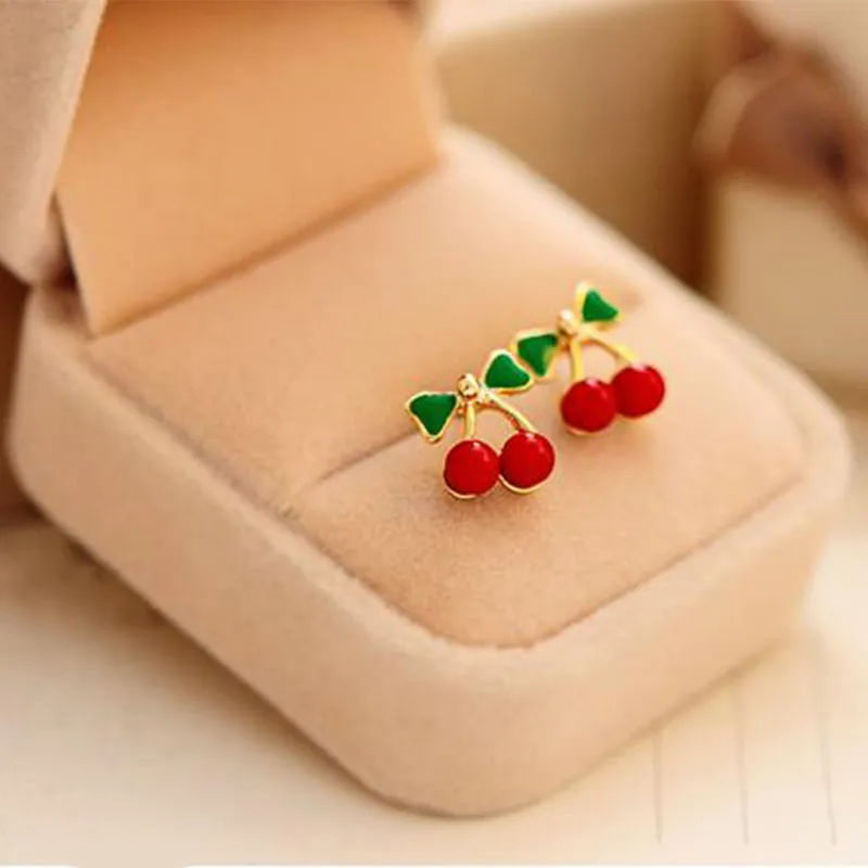 Charming Red Cherry Ear Hypoallergenic Stud Earrings With Green Bowknot