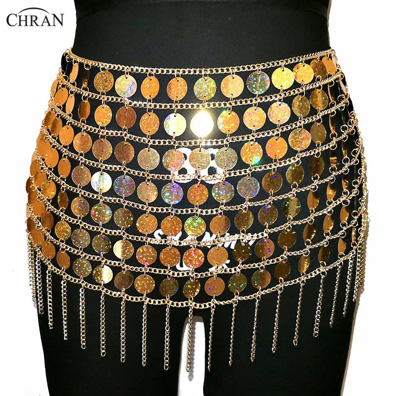 Chran Laser Guld Sequin Bead Belly Midja Kedja Sexig Mini Skirt Kvinnor Halsband Bikini Wear Party Dress Festival Sexiga BOD Smycken