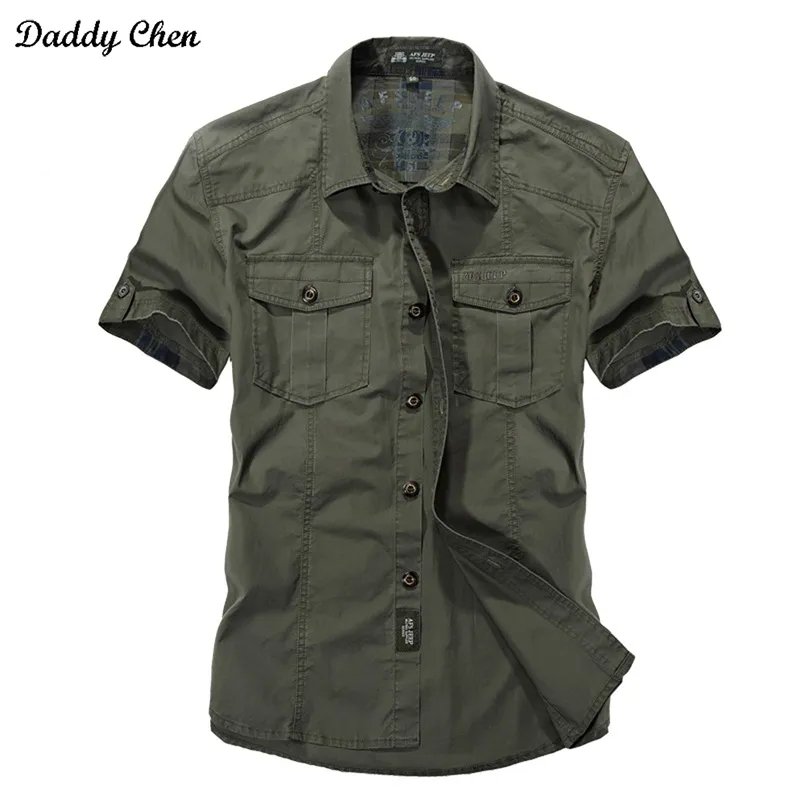 Jeep Solid Color Bawełniane Koszule Koszulki Z Krótkim Rękawem Turn-Down Collar Armia Green Khaki Men Tops Casual Male Camisas Koszula XXXL