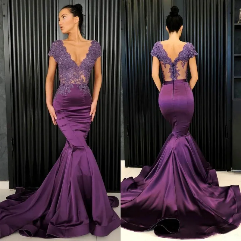 Grape Purple Prom Dresses Sexy V Neck Lace And Satin Mermaid Evening Gowns See Through Top Cap Sleeve Formal Party Dress Custom Made