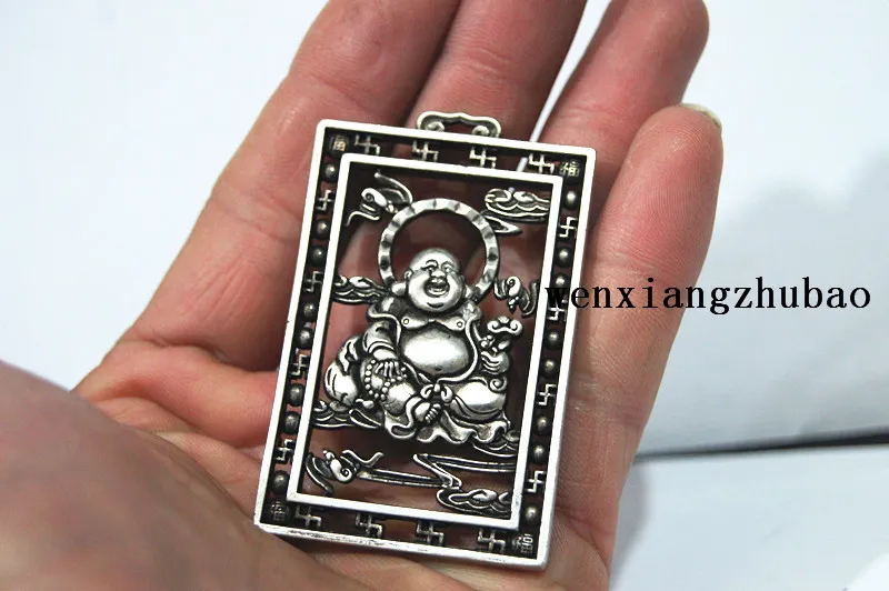 Antiek wit koper amulet met een dubbelzijdige glimlach Boeddha hanger. Lucky Necklace hanger.
