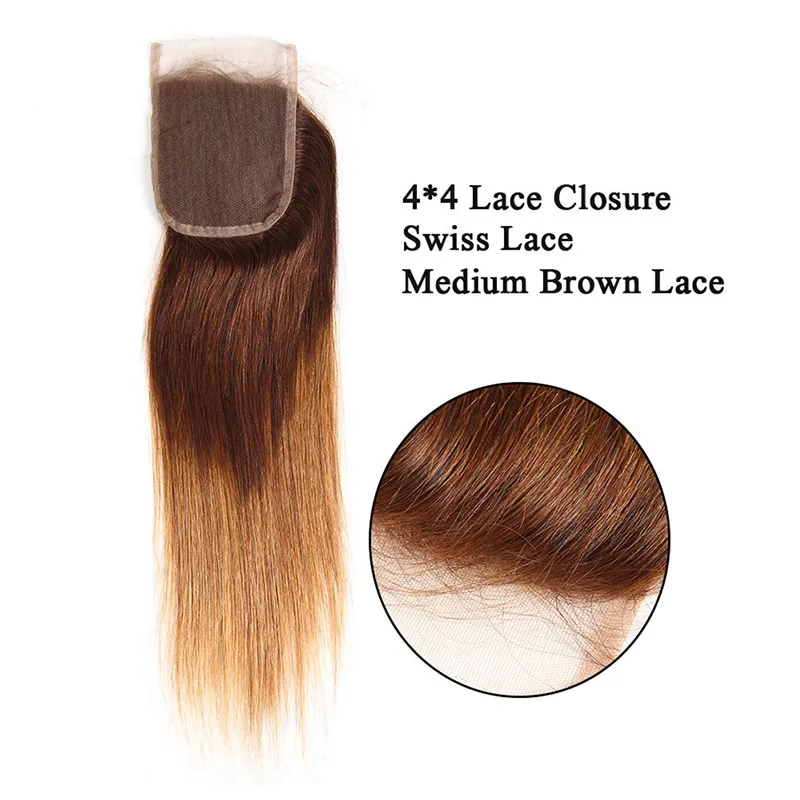 브라질 버진 스트레이트 헤어 위브 Closure With Ombre 인간의 머리카락 묶음 마감 2 톤 컬러 4 / 30 # Blonde Human Hair