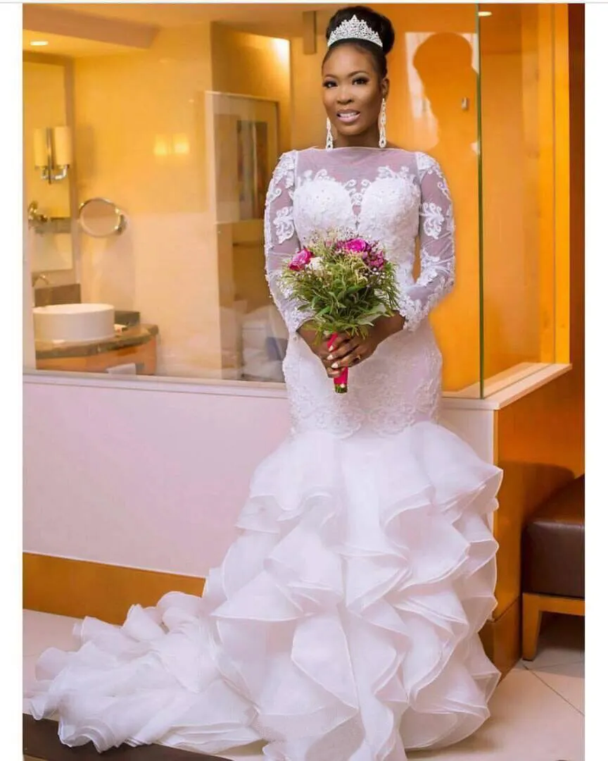 Arabisch Spitze Meerjungfrau Brautkleid Perlen Rüschen Organza Lange Ärmel Tiered Gericht Zug Brautkleider Nigerianischen Vestido De Novia