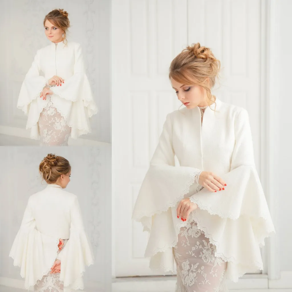 Long Sleeves Jackets Customized Women Winter Coats High Collar Lace Edge Bridal Wraps For Wedding Dresses Formal Gowns