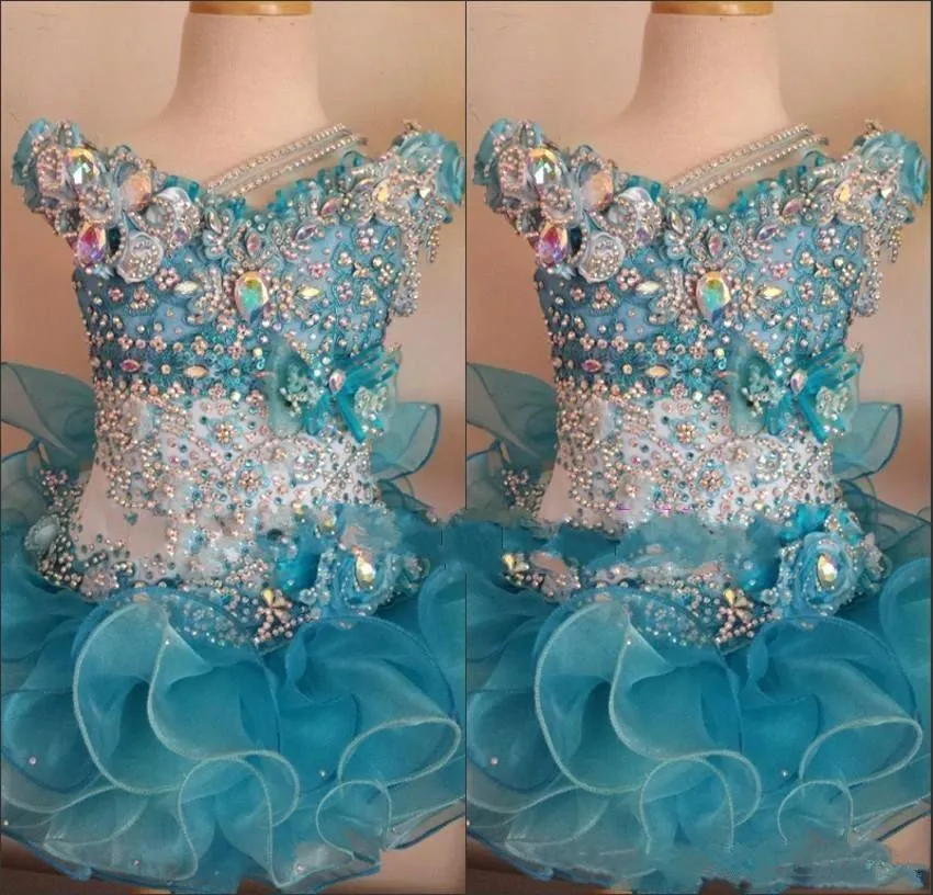 Schöne Mini-Glitzer-Festzugkleider für Mädchen aus Organza mit V-Ausschnitt, Perlen-Strass-Paspelierung, Cupcake-Hunter-Weiß, kleine Blumenmädchenkleider BA3754