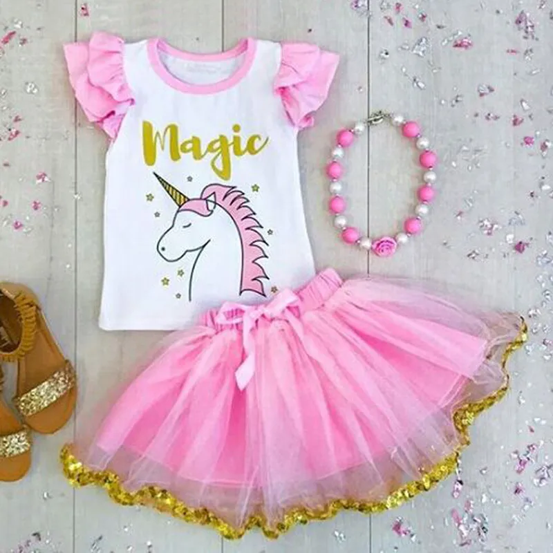 Wholesale Kids Designer Clothes Girls Fashion INS Unicorn Set Sleeveless T Shirt + Lace Skirt