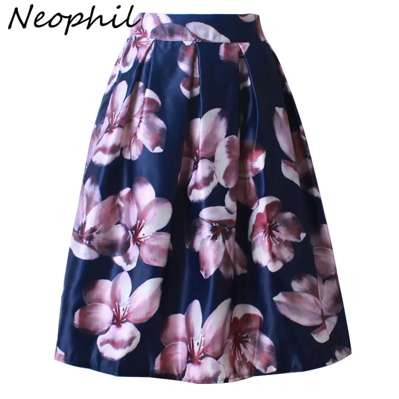 Neophil 2018 Ретро Мода Женщины Черный Белый Плиссированный Цветок Цветочные Распечатать Высокое талию Миди Бальное платье Короткие Юбки Saia S1225