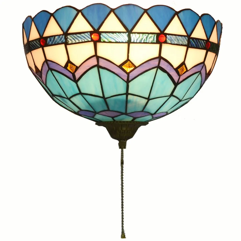 Tiffany Corridor Wall Lamps Semicircular Lattice Colorful Glass Balcony Wall Lights Mediterranean Porch Wall Sconce With Switch