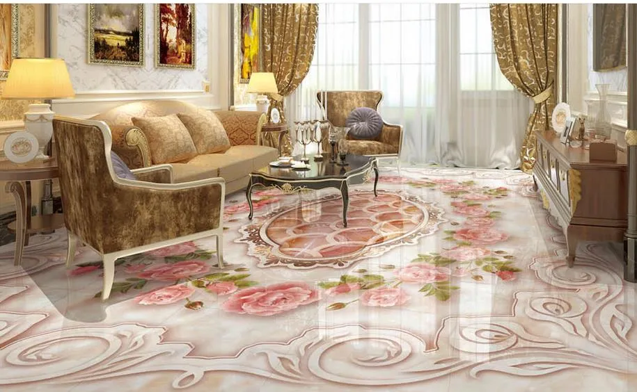 Aangepaste 3D-foto behang 3d vloer schilderij behang 3 D badkamer vloertegel reliëf rose 3D woonkamer decoratie