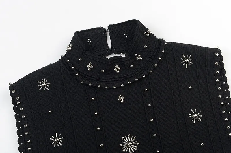 2018 Summer Black Stand Collar Sleeveless A-Line Women Dress Brand Same Style Crystals Button Vestidos De Festa 13