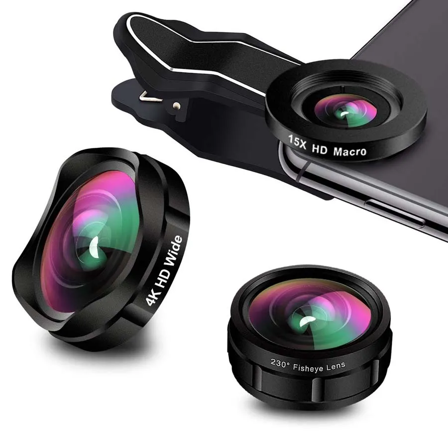 3 в 1 широкоугольный 15X макро телефон объектив камеры 230 ° Fisheye  Clip-on объектив телефона комплект для iPhone XS Samsung Android смартфонов
