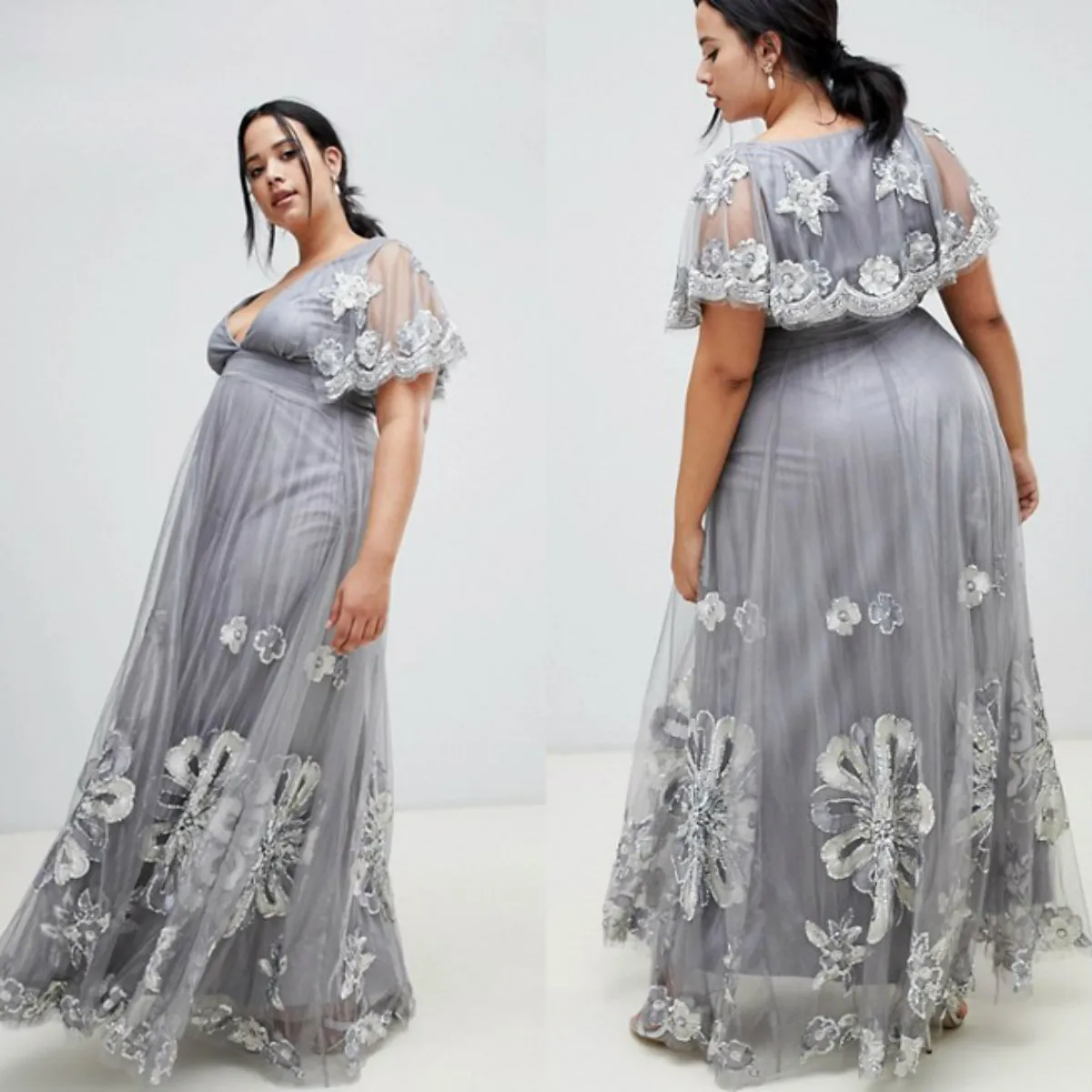 Plus Size Elegante Vestidos de Noite V Neck Lace Apliques de Lantejoulas Frisado de Manga Curta A Linha Prom Dress Até O Chão Formal Vestidos de Festa