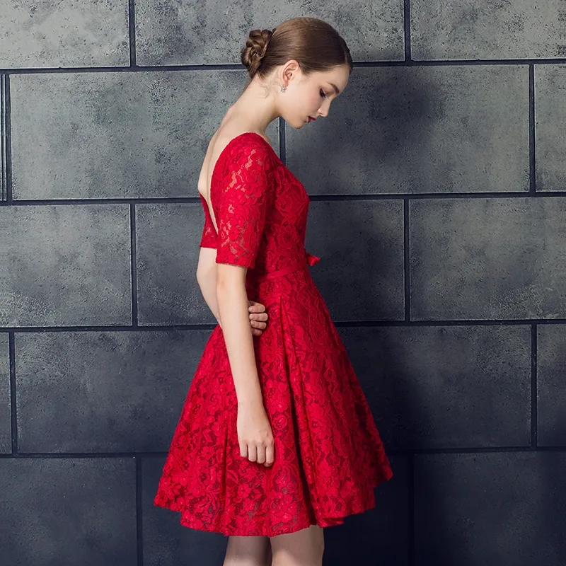Red Lace Deep V-Neck Halter Strap Red Formal Dress Short - Short Formal Prom Party Dress HY068 Red Lace Deep V-Neck Halter Strap Red Formal Dress Short - Short Formal Prom Party Dress HY068