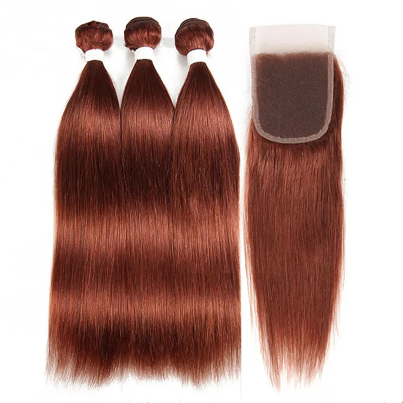 Malaysian Dark Auburn Human Hair Bundles with Lace Closure 4x4 Silky Straight Copper Red Virgin Hair Weaves Extensions with Top Closure