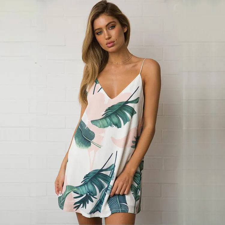 Eur vakantie korte jurk mode blad bedrukte strapless v-hals sexy strand mini boho-jurk voor de zomer