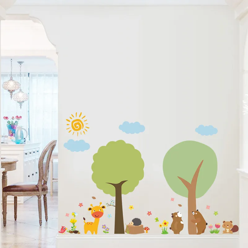 Cartoon Tree Bear Wall Stickers For Kids DIY Zoo Animal Decals For ...