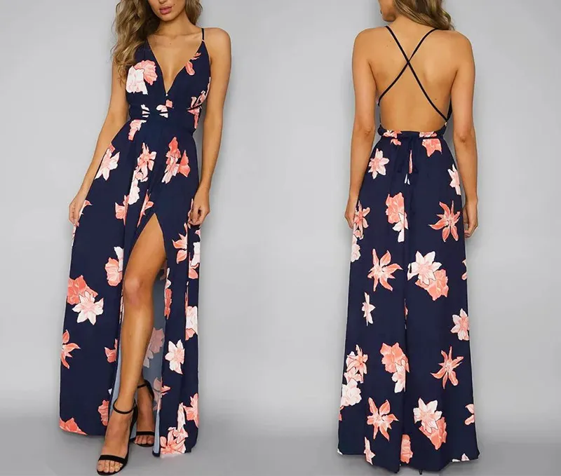 2018 Sexy Deep V-Neck femmes robe dos nu Jupe longue en mousseline de soie Croix de Split lacent robe d'été sans manches Plage Maxi Dress Vestidos