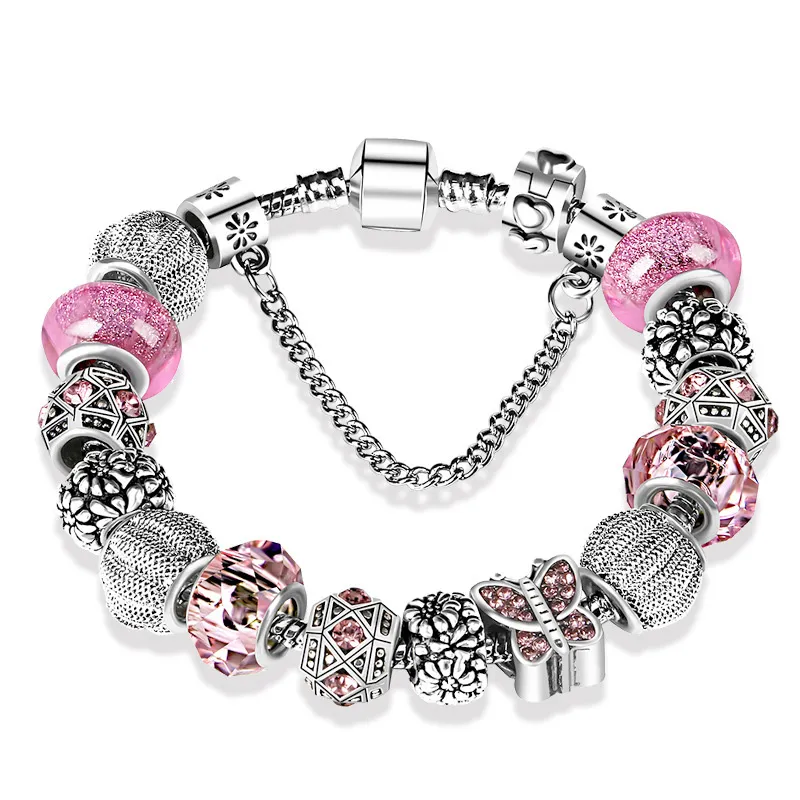 925 de prata banhado contas de cristal borboleta chamrs pulseiras para pandora charm bracelet bangle diy jóias para mulheres