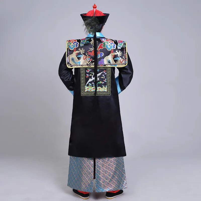 伝統的な中国の服の男性 清王朝大臣の衣装、黒と青の古代スタイルの