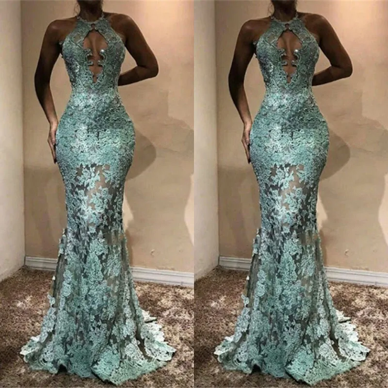 Vert menthe 2018 robe de sirène tenue de soirée trou de serrure cou dentelle appliques robes de bal grande taille robes d'occasion spéciale