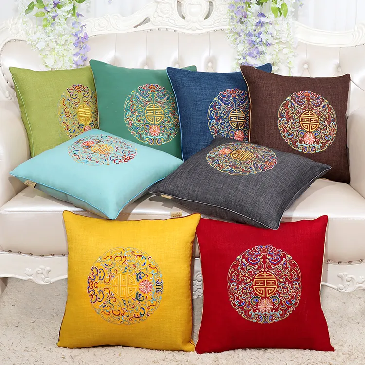 Chinese Joyous Fine Embroidery Linen Cushion Cover Christmas Cotton Pillowcase Cushions Home Decor Sofa Chair Lumbar support Pillow