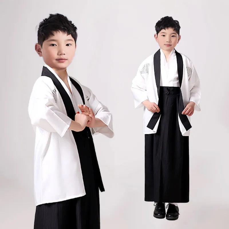 Nya svarta japanska pojkar Kimono Child Warrior Traditionella svärdmän Yukata Kid Stage Performance Clothing Cosplay Costume316L