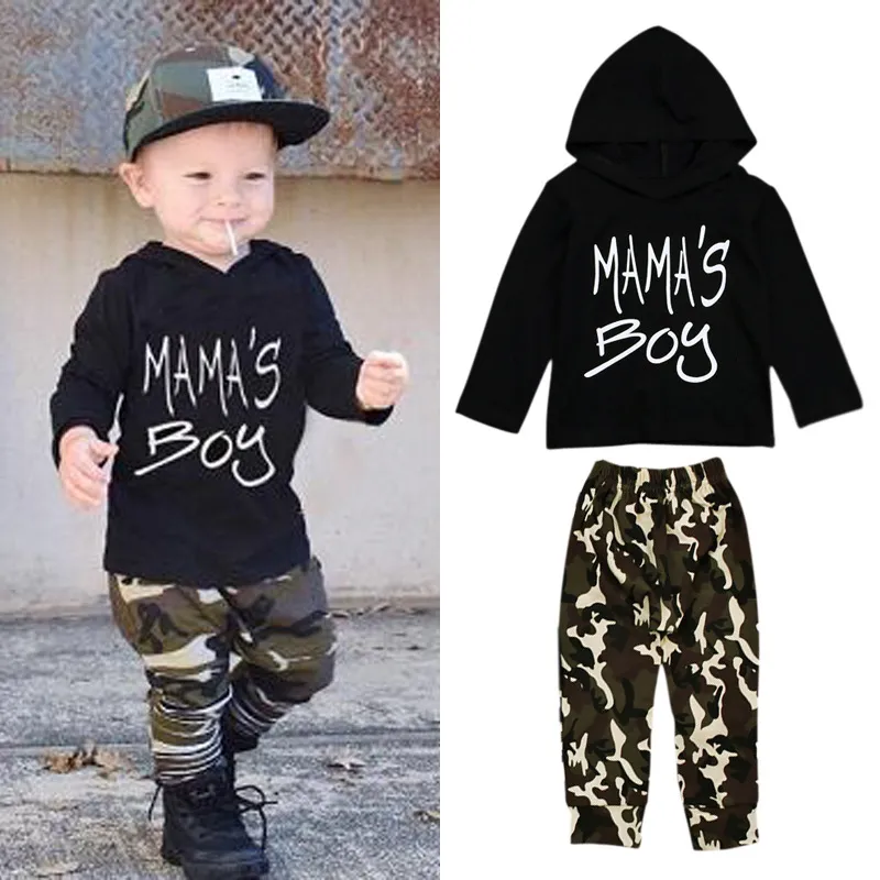 Toddlers Boys camo kıyafetler 2 adet setleri siyah mama'nın çocuk baskı uzun kollu kapşonlu T gömlek + yeşil camo pantolon 1-5 T için gündelik giyim