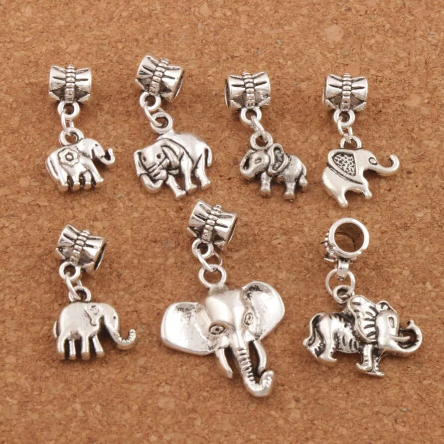 140 sztuk / partia Metale Mieszane Elephant Big Hole Dangle Europejskiej Koraliki Tybet Silver Fit Charm Bransoletka Luźna Koralik