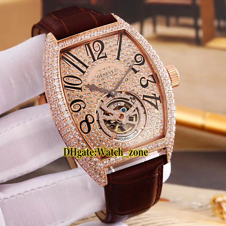 Nieuwe Grand Complications Giga Tourbillon 8889 Goud Diamond Face Automatic Mens Horloge Rose Gold Case Lederen Strap Heren Horloges