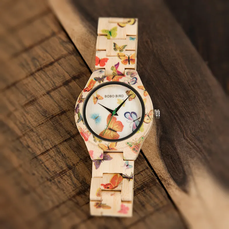 Intero BOBO BIRD Orologi da donna Bamboo Wood Quartz Butterfly Hour Brand Designer Festival Regali con Box Drop 2336