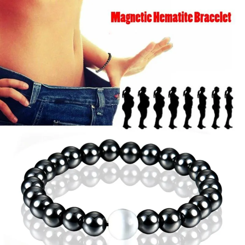 Pulsera de piedra negra para hombre, pulsera de terapia magnética, bonita pérdida de peso, cuidado de la salud redondo, hematita magnética, pulsera de cuentas elásticas para hombre