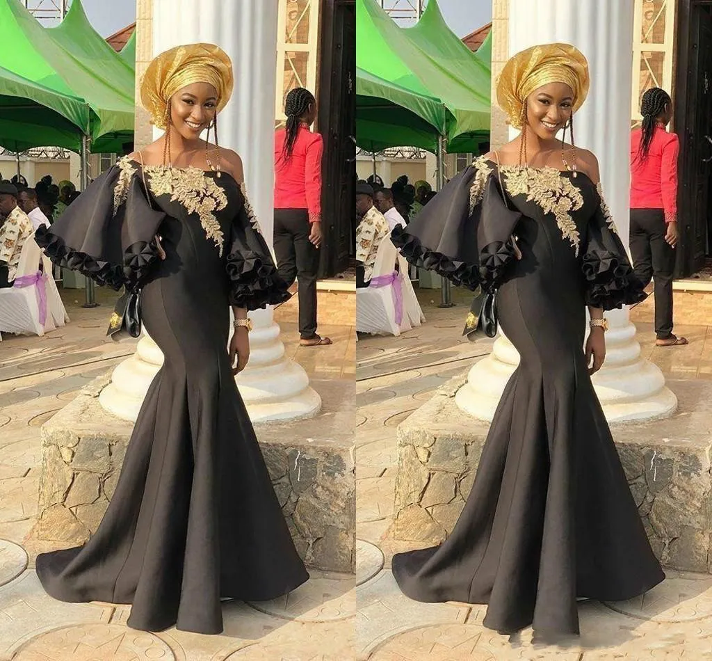 Estilo Dubai Vestidos de Baile 2019 Primavera Verão Preto Sereia Vestidos de Noite Com Apliques de Ouro Mangas Poeta Arábia Saudita Mulheres Desgaste Formal