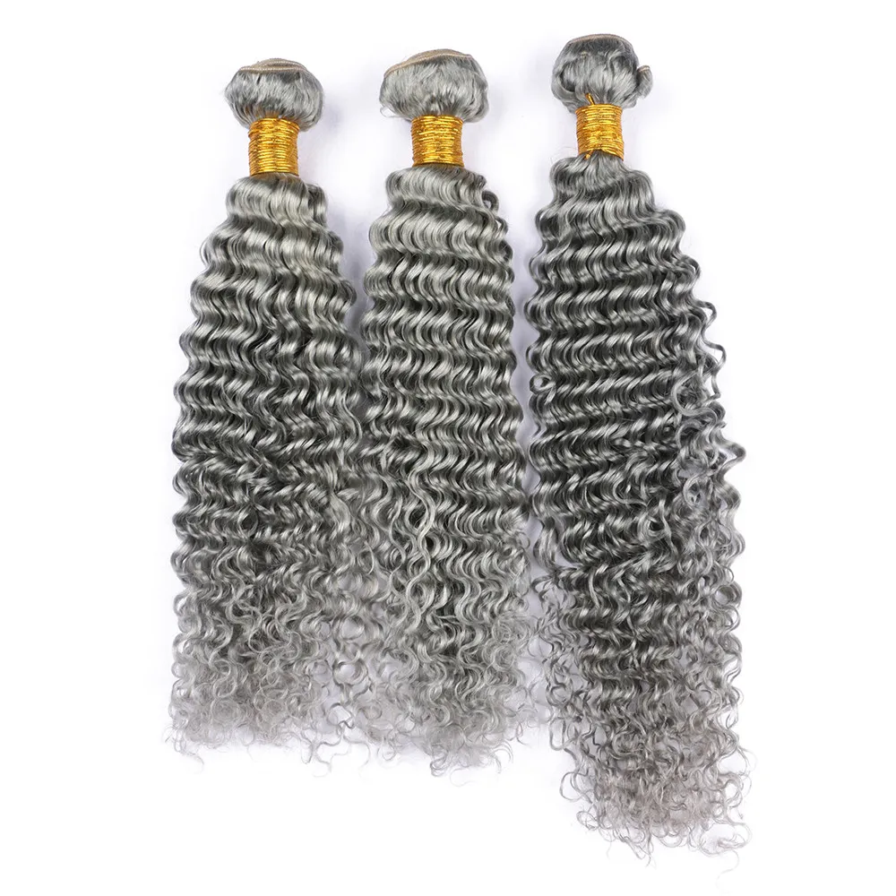 Capelli umani di qualità grigio argento onda profonda 3 pacchi capelli grigi brasiliani vergini tesse 3 pezzi / lotto estensioni dei capelli umani al 100%